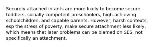 Securely attached infants are more likely to become secure toddlers, socially competent preschoolers, high-achieving schoolchildren, and capable parents. However, harsh contexts, esp the stress of poverty, make secure attachment less likely, which means that later problems can be blamed on SES, not specifically an attachment.