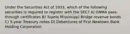 Under the Securities Act of 1933, which of the following securities is required to register with the SEC? A) GNMA pass-through certificates B) Tupelo Mississippi Bridge revenue bonds C) 5-year Treasury notes D) Debentures of First Newtown Bank Holding Corporation