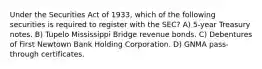 Under the Securities Act of 1933, which of the following securities is required to register with the SEC? A) 5-year Treasury notes. B) Tupelo Mississippi Bridge revenue bonds. C) Debentures of First Newtown Bank Holding Corporation. D) GNMA pass-through certificates.