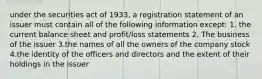 under the securities act of 1933, a registration statement of an issuer must contain all of the following information except: 1. the current balance sheet and profit/loss statements 2. The business of the issuer 3.the names of all the owners of the company stock 4.the identity of the officers and directors and the extent of their holdings in the issuer