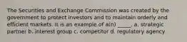 The Securities and Exchange Commission was created by the government to protect investors and to maintain orderly and efficient markets. It is an example of a(n) _____. a. strategic partner b. interest group c. competitor d. regulatory agency