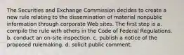 The Securities and Exchange Commission decides to create a new rule relating to the dissemination of material nonpublic information through corporate Web sites. The first step is a. compile the rule with others in the Code of Federal Regulations. b. conduct an on-site inspection. c. publish a notice of the proposed rulemaking. d. solicit public comment.