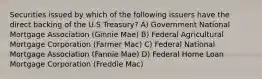 Securities issued by which of the following issuers have the direct backing of the U.S Treasury? A) Government National Mortgage Association (Ginnie Mae) B) Federal Agricultural Mortgage Corporation (Farmer Mac) C) Federal National Mortgage Association (Fannie Mae) D) Federal Home Loan Mortgage Corporation (Freddie Mac)