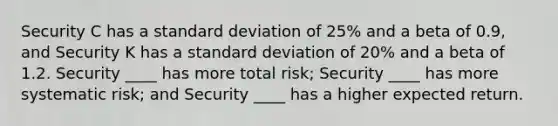 Security C has a standard deviation of 25% and a beta of 0.9, and Security K has a standard deviation of 20% and a beta of 1.2. Security ____ has more total risk; Security ____ has more systematic risk; and Security ____ has a higher expected return.