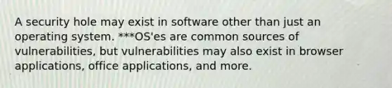 A security hole may exist in software other than just an operating system. ***OS'es are common sources of vulnerabilities, but vulnerabilities may also exist in browser applications, office applications, and more.