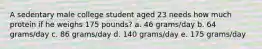 A sedentary male college student aged 23 needs how much protein if he weighs 175 pounds?​ a. ​46 grams/day b. ​64 grams/day c. ​86 grams/day d. ​140 grams/day e. ​175 grams/day