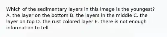 Which of the sedimentary layers in this image is the youngest? A. the layer on the bottom B. the layers in the middle C. the layer on top D. the rust colored layer E. there is not enough information to tell