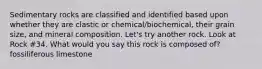 Sedimentary rocks are classified and identified based upon whether they are clastic or chemical/biochemical, their grain size, and mineral composition. Let's try another rock. Look at Rock #34. What would you say this rock is composed of? fossiliferous limestone