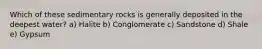 Which of these sedimentary rocks is generally deposited in the deepest water? a) Halite b) Conglomerate c) Sandstone d) Shale e) Gypsum