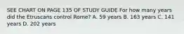 SEE CHART ON PAGE 135 OF STUDY GUIDE For how many years did the Etruscans control Rome? A. 59 years B. 163 years C. 141 years D. 202 years