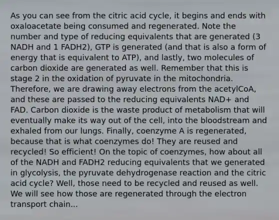 As you can see from the citric acid cycle, it begins and ends with oxaloacetate being consumed and regenerated. Note the number and type of reducing equivalents that are generated (3 NADH and 1 FADH2), GTP is generated (and that is also a form of energy that is equivalent to ATP), and lastly, two molecules of carbon dioxide are generated as well. Remember that this is stage 2 in the oxidation of pyruvate in the mitochondria. Therefore, we are drawing away electrons from the acetylCoA, and these are passed to the reducing equivalents NAD+ and FAD. Carbon dioxide is the waste product of metabolism that will eventually make its way out of the cell, into the bloodstream and exhaled from our lungs. Finally, coenzyme A is regenerated, because that is what coenzymes do! They are reused and recycled! So efficient! On the topic of coenzymes, how about all of the NADH and FADH2 reducing equivalents that we generated in glycolysis, the pyruvate dehydrogenase reaction and the citric acid cycle? Well, those need to be recycled and reused as well. We will see how those are regenerated through the electron transport chain...