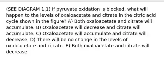 (SEE DIAGRAM 1.1) If pyruvate oxidation is blocked, what will happen to the levels of oxaloacetate and citrate in the citric acid cycle shown in the figure? A) Both oxaloacetate and citrate will accumulate. B) Oxaloacetate will decrease and citrate will accumulate. C) Oxaloacetate will accumulate and citrate will decrease. D) There will be no change in the levels of oxaloacetate and citrate. E) Both oxaloacetate and citrate will decrease.