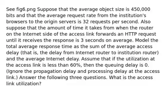 See fig6.png Suppose that the average object size is 450,000 bits and that the average request rate from the institution's browsers to the origin servers is 32 requests per second. Also suppose that the amount of time it takes from when the router on the Internet side of the access link forwards an HTTP request until it receives the response is 3 seconds on average. Model the total average response time as the sum of the average access delay (that is, the delay from Internet router to institution router) and the average Internet delay. Assume that if the utilization at the access link is less than 60%, then the queuing delay is 0. (Ignore the propagation delay and processing delay at the access link.) Answer the following three questions. What is the access link utilization?