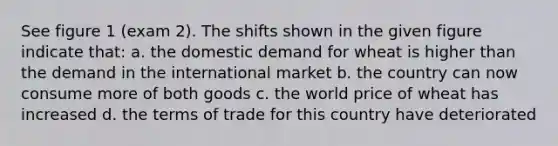 See figure 1 (exam 2). The shifts shown in the given figure indicate that: a. the domestic demand for wheat is higher than the demand in the international market b. the country can now consume more of both goods c. the world price of wheat has increased d. the terms of trade for this country have deteriorated