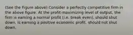 (See the Figure above) Consider a perfectly competitive firm in the above figure. At the profit-maximizing level of output, the firm is earning a normal profit (i.e. break even). should shut down. is earning a positive economic profit. should not shut down.