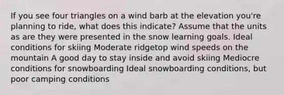 If you see four triangles on a wind barb at the elevation you're planning to ride, what does this indicate? Assume that the units as are they were presented in the snow learning goals. Ideal conditions for skiing Moderate ridgetop wind speeds on the mountain A good day to stay inside and avoid skiing Mediocre conditions for snowboarding Ideal snowboarding conditions, but poor camping conditions