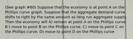 (See graph #60) Suppose that the economy is at point A on the Phillips curve graph. Suppose that the aggregate demand curve shifts to right by the same amount as long run aggregate supply. Then the economy will A) remain at point A on the Phillips curve. B ) move to point B on the Phillips curve. C) move to point C on the Phillips curve. D) move to point D on the Phillips curve