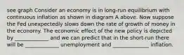 see graph Consider an economy is in long-run equilibrium with continuous inflation as shown in diagram A above. Now suppose the Fed unexpectedly slows down the rate of growth of money in the economy. The economic effect of the new policy is depicted by _____________ and we can predict that in the short-run there will be _____________ unemployment and ______________ inflation.