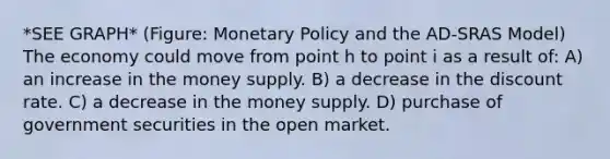 *SEE GRAPH* (Figure: Monetary Policy and the AD-SRAS Model) The economy could move from point h to point i as a result of: A) an increase in the money supply. B) a decrease in the discount rate. C) a decrease in the money supply. D) purchase of government securities in the open market.