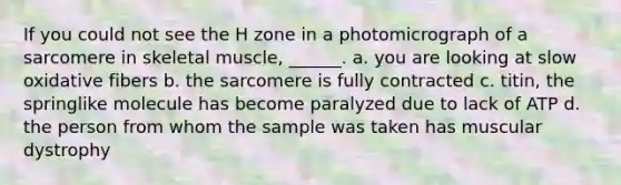 If you could not see the H zone in a photomicrograph of a sarcomere in skeletal muscle, ______. a. you are looking at slow oxidative fibers b. the sarcomere is fully contracted c. titin, the springlike molecule has become paralyzed due to lack of ATP d. the person from whom the sample was taken has muscular dystrophy