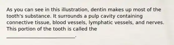 As you can see in this illustration, dentin makes up most of the tooth's substance. It surrounds a pulp cavity containing connective tissue, blood vessels, lymphatic vessels, and nerves. This portion of the tooth is called the ____________________________.