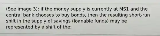 (See image 3): if the money supply is currently at MS1 and the central bank chooses to buy bonds, then the resulting short-run shift in the supply of savings (loanable funds) may be represented by a shift of the: