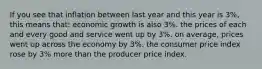 If you see that inflation between last year and this year is 3%, this means that: economic growth is also 3%. the prices of each and every good and service went up by 3%. on average, prices went up across the economy by 3%. the consumer price index rose by 3% more than the producer price index.