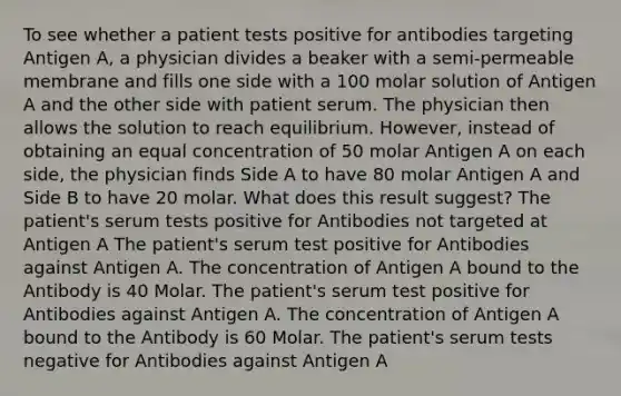 To see whether a patient tests positive for antibodies targeting Antigen A, a physician divides a beaker with a semi-permeable membrane and fills one side with a 100 molar solution of Antigen A and the other side with patient serum. The physician then allows the solution to reach equilibrium. However, instead of obtaining an equal concentration of 50 molar Antigen A on each side, the physician finds Side A to have 80 molar Antigen A and Side B to have 20 molar. What does this result suggest? The patient's serum tests positive for Antibodies not targeted at Antigen A The patient's serum test positive for Antibodies against Antigen A. The concentration of Antigen A bound to the Antibody is 40 Molar. The patient's serum test positive for Antibodies against Antigen A. The concentration of Antigen A bound to the Antibody is 60 Molar. The patient's serum tests negative for Antibodies against Antigen A