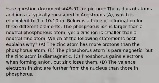 *see question document #49-51 for picture* The radius of atoms and ions is typically measured in Angstroms (Å), which is equivalent to 1 x 10-10 m. Below is a table of information for three different elements. The phosphorus ion is larger than a neutral phosphorous atom, yet a zinc ion is smaller than a neutral zinc atom. Which of the following statements best explains why? (A) The zinc atom has more protons than the phosphorus atom. (B) The phosphorus atom is paramagnetic, but the zinc atom is diamagnetic. (C) Phosphorus gains electrons when forming anion, but zinc loses them. (D) The valence electrons in zinc are further from the nucleus than those in phosphorus.