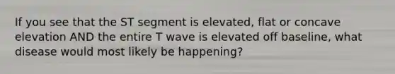 If you see that the ST segment is elevated, flat or concave elevation AND the entire T wave is elevated off baseline, what disease would most likely be happening?