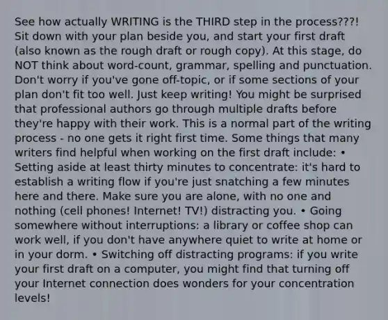 See how actually WRITING is the THIRD step in the process???! Sit down with your plan beside you, and start your first draft (also known as the rough draft or rough copy). At this stage, do NOT think about word-count, grammar, spelling and punctuation. Don't worry if you've gone off-topic, or if some sections of your plan don't fit too well. Just keep writing! You might be surprised that professional authors go through multiple drafts before they're happy with their work. This is a normal part of the writing process - no one gets it right first time. Some things that many writers find helpful when working on the first draft include: • Setting aside at least thirty minutes to concentrate: it's hard to establish a writing flow if you're just snatching a few minutes here and there. Make sure you are alone, with no one and nothing (cell phones! Internet! TV!) distracting you. • Going somewhere without interruptions: a library or coffee shop can work well, if you don't have anywhere quiet to write at home or in your dorm. • Switching off distracting programs: if you write your first draft on a computer, you might find that turning off your Internet connection does wonders for your concentration levels!