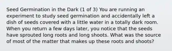 Seed Germination in the Dark (1 of 3) You are running an experiment to study seed germination and accidentally left a dish of seeds covered with a little water in a totally dark room. When you return a few days later, you notice that the seeds have sprouted long roots and long shoots. What was the source of most of the matter that makes up these roots and shoots?