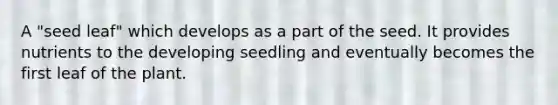 A "seed leaf" which develops as a part of the seed. It provides nutrients to the developing seedling and eventually becomes the first leaf of the plant.