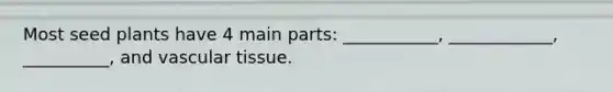 Most seed plants have 4 main parts: ___________, ____________, __________, and vascular tissue.