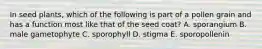 In seed plants, which of the following is part of a pollen grain and has a function most like that of the seed coat? A. sporangium B. male gametophyte C. sporophyll D. stigma E. sporopollenin