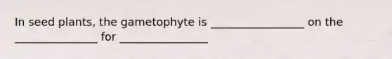 In seed plants, the gametophyte is _________________ on the _______________ for ________________