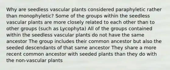 Why are seedless vascular plants considered paraphyletic rather than monophyletic? Some of the groups within the seedless vascular plants are more closely related to each other than to other groups (such as Lycophyta) All of the groups contained within the seedless vascular plants do not have the same ancestor The group includes their common ancestor but also the seeded descendants of that same ancestor They share a more recent common ancestor with seeded plants than they do with the non-vascular plants