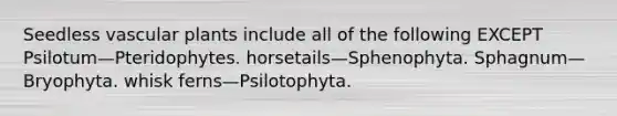 Seedless vascular plants include all of the following EXCEPT Psilotum—Pteridophytes. horsetails—Sphenophyta. Sphagnum—Bryophyta. whisk ferns—Psilotophyta.