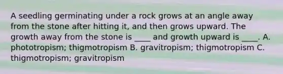 A seedling germinating under a rock grows at an angle away from the stone after hitting it, and then grows upward. The growth away from the stone is ____ and growth upward is ____. A. phototropism; thigmotropism B. gravitropism; thigmotropism C. thigmotropism; gravitropism