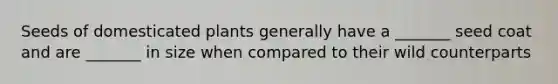 Seeds of domesticated plants generally have a _______ seed coat and are _______ in size when compared to their wild counterparts