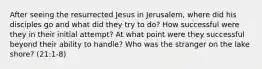 After seeing the resurrected Jesus in Jerusalem, where did his disciples go and what did they try to do? How successful were they in their initial attempt? At what point were they successful beyond their ability to handle? Who was the stranger on the lake shore? (21:1-8)