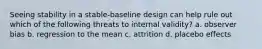 Seeing stability in a stable-baseline design can help rule out which of the following threats to internal validity? a. observer bias b. regression to the mean c. attrition d. placebo effects