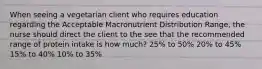 When seeing a vegetarian client who requires education regarding the Acceptable Macronutrient Distribution Range, the nurse should direct the client to the see that the recommended range of protein intake is how much? 25% to 50% 20% to 45% 15% to 40% 10% to 35%