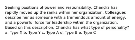 Seeking positions of power and responsibility, Chandra has rapidly moved up the ranks within her organization. Colleagues describe her as someone with a tremendous amount of energy, and a powerful force for leadership within the organization. Based on this description, Chandra has what type of personality? a. Type X b. Type Y c. Type A d. Type B e. Type C