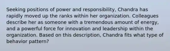 Seeking positions of power and responsibility, Chandra has rapidly moved up the ranks within her organization. Colleagues describe her as someone with a tremendous amount of energy, and a powerful force for innovation and leadership within the organization. Based on this description, Chandra fits what type of behavior pattern?