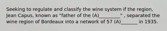 Seeking to regulate and classify the wine system if the region, Jean Capus, known as "father of the (A)_________" , separated the wine region of Bordeaux into a network of 57 (A)_______ in 1935.