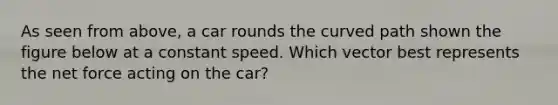 As seen from above, a car rounds the curved path shown the figure below at a constant speed. Which vector best represents the net force acting on the car?