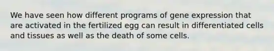 We have seen how different programs of gene expression that are activated in the fertilized egg can result in differentiated cells and tissues as well as the death of some cells.