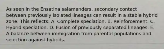 As seen in the Ensatina salamanders, secondary contact between previously isolated lineages can result in a stable hybrid zone. This reflects: A. Complete speciation. B. Reinforcement. C. Hybrid speciation. D. Fusion of previously separated lineages. E. A balance between immigration from parental populations and selection against hybrids.