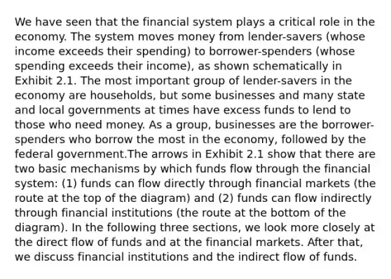 We have seen that the financial system plays a critical role in the economy. The system moves money from lender-savers (whose income exceeds their spending) to borrower-spenders (whose spending exceeds their income), as shown schematically in Exhibit 2.1. The most important group of lender-savers in the economy are households, but some businesses and many state and local governments at times have excess funds to lend to those who need money. As a group, businesses are the borrower-spenders who borrow the most in the economy, followed by the federal government.The arrows in Exhibit 2.1 show that there are two basic mechanisms by which funds flow through the financial system: (1) funds can flow directly through financial markets (the route at the top of the diagram) and (2) funds can flow indirectly through financial institutions (the route at the bottom of the diagram). In the following three sections, we look more closely at the direct flow of funds and at the financial markets. After that, we discuss financial institutions and the indirect flow of funds.